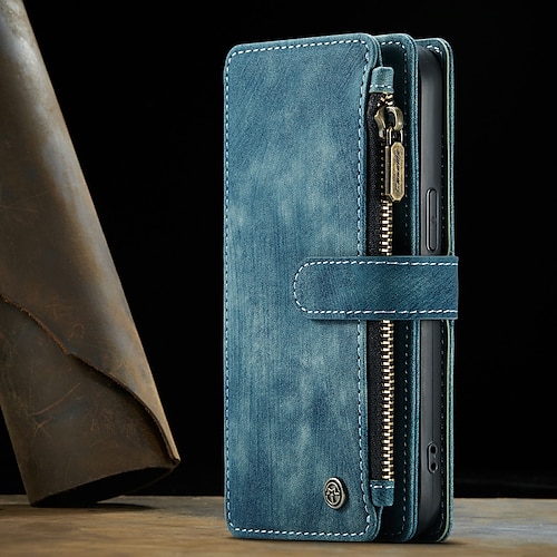 Handy Hülle Handyhüllen Für iPhone 17 Pro Max 17 Air 16 15 14 Pro Max Plus 13 12 11 Pro Max Mini Brieftaschenhülle Flip-Cover Mit Ständer Reisverschluss Vollschutz Retro PU-Leder Image