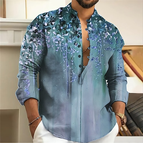 Herren Blumen Hemd Knopfhemd Langarm Mode Streetwear Designer Outdoor Lässig Täglich Sommer Frühling Herbst Stehkragen Druck Blau Purpur Braun Grün Grau Image
