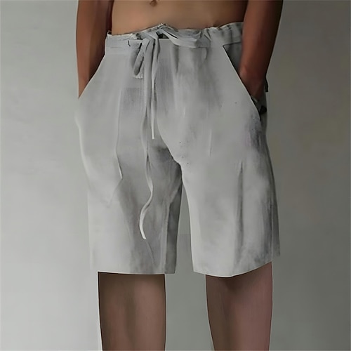 Herren Leinenshorts Sommershorts Kordelzug Elastischer Bund Fronttasche Einfach Komfort Weich Knielang Lässig Täglich Mode Klassicher Stil Schwarz Weiß Image