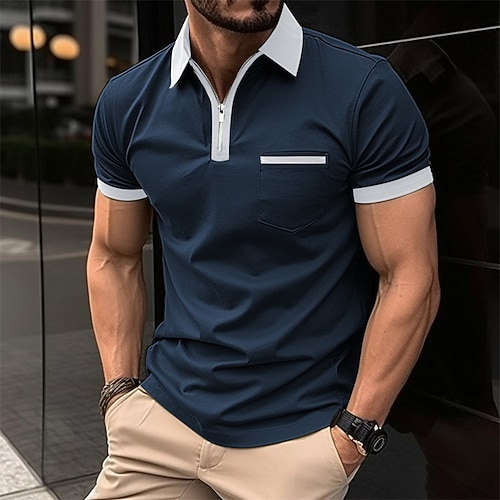 Herren Poloshirt Golfhemd Casual Festtage Kargen Viertel Postleitzahl Kurzarm Modisch Basic Glatt Viertel Postleitzahl Sommer Regular Fit Schwarz Weiß Rote Dunkelmarine Blau Grün Poloshirt Image