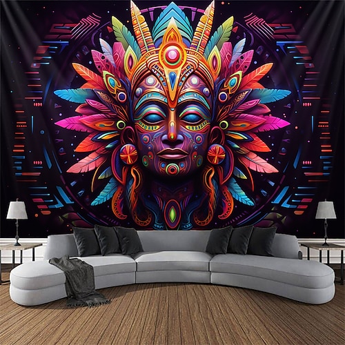 Schwarzlicht-Wandteppich, UV-reaktiv, leuchtet im Dunkeln, Glow Party, Neon, trippig, nebliger Pharao, Ägypten, Wandteppich, Wandbild für Wohnzimmer, Schlafzimmer Image