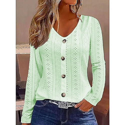Damen Weiße Elegante Spitze Tops Eyelet Bluse Schicke Tops Mode Basic Knöpfe Langarm Reguläre Tops V-Ausschnitt Lässig Romantische Petite Tops Sommer Urlaubsbekleidung Weiß Hellgrün Hellblau Herbst Image