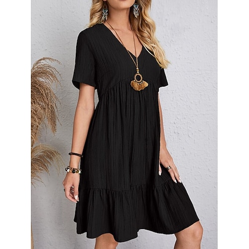 Damen Minikleid Kunstbaumwollleinen Shiftkleid Freizeitkleid Sommerkleid Streetwear Basic Urlaub Straße Date Lässiger Schnitt Kurzarm V Ausschnitt Schwarz Rote Purpur Braun Sommer Image