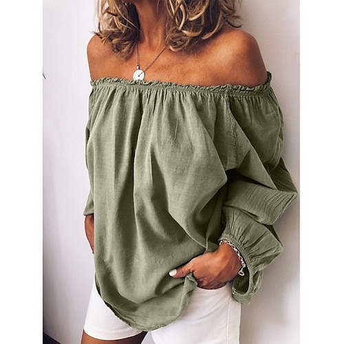 Damen Hemd Baumwoll-Leinen-Hemden Bluse Langes Baumwolltop Einfach Täglich Basic Langarm Schulterfrei Normale Oberteile Lässig Blau Gelb Armeegrün Rote Purpur Sommer Frühling Herbst Herbst Winter Image