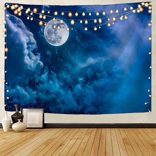 mond meer himmel wandteppich kunst dekor decke vorhang picknick tischdecke hängen haus schlafzimmer wohnzimmer wohnheim dekoration landschaft volle nacht ozean wolke stern Wandtuch XXL Natur Image