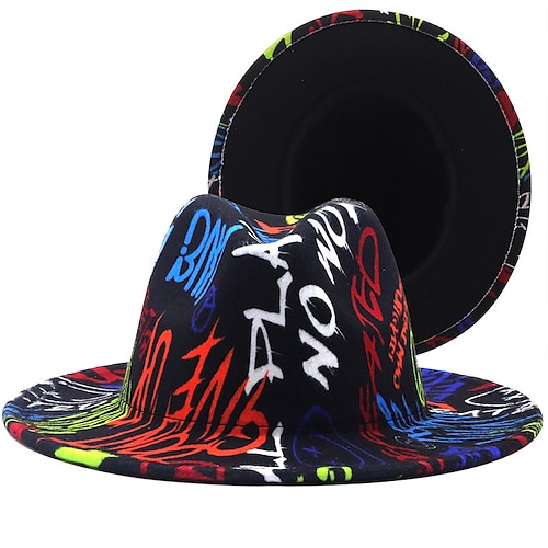 Unisex Graffiti Camo Fedora Hut breitkrempiger Filz Trilby Hut mehrfarbiger Camouflage Panama Hut verstellbare Größe 55-58 cm Streetwear Jazz Cap Valentinstagsgeschenk für sie Image