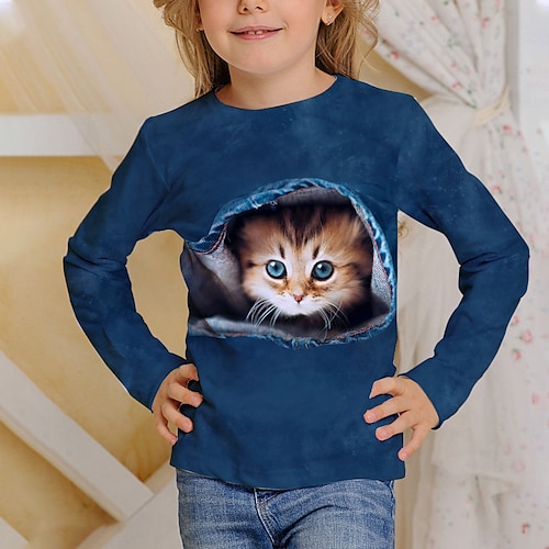 Mädchen 3D Tier Katze T-Shirt Langarm 3D-Druck Herbst Winter Aktiv Sport Modisch kinderkleidung 3-12 Jahre Outdoor Täglich Regular Fit Image
