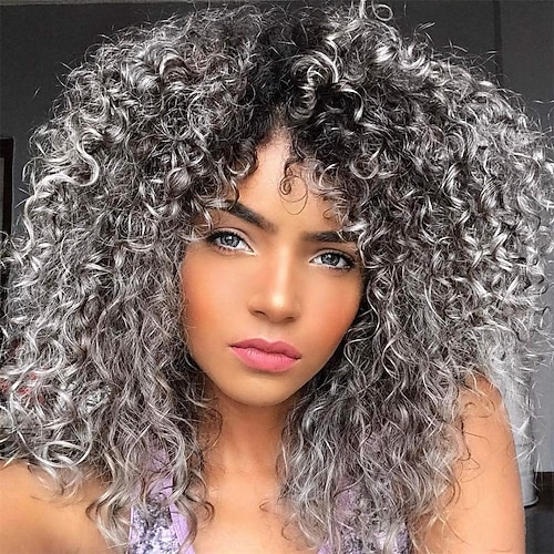 Lockenperücken für schwarze Frauen – verworrene Afro-Lockenperücke mit Pony, 2-Ton-Blond-Mischbraun, synthetische, hitzebeständige Vollperücken, Weihnachtsparty-Perücken Image