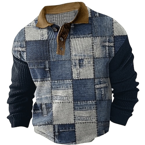 Herren Karomuster Waffel-Poloshirts Golfshirt Langarm Polo-Shirts Hemden mit Kragen Vintage Lässig Urlaubskleidung Formelle Kleidung Festivalkleidung Knöpfe 3D-Druck Herbst Winter Schwarz Blau Khaki Image