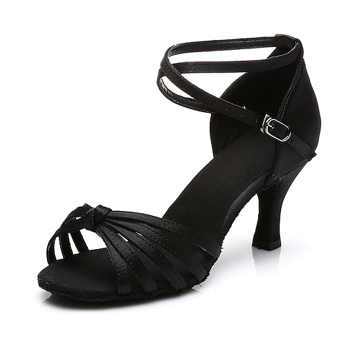 Damen Schuhe für den lateinamerikanischen Tanz Ballsaal Salsa Schuhe Line Dance Leistung Satin Grundlegend Sandalen Absätze Schnalle Einheitliche Farbe Kubanischer Absatz Schnalle Leopard Schwarz