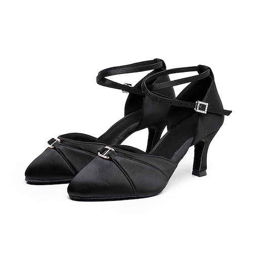 Schwarze Latein-Tanzschuhe aus Satin für Damen – elegante Pumps mit Fesselriemchen, Strass-Schnalle und Wildledersohle für Gesellschafts- und Salsa-Auftritte Image