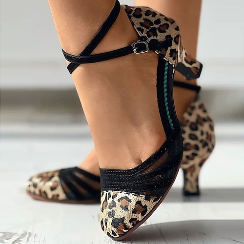 Damen-Tanzschuhe mit Leopardenmuster und Netzriemen – Gummisohle, bequem und stilvoll für Gesellschafts- und lateinamerikanische Tänze Image