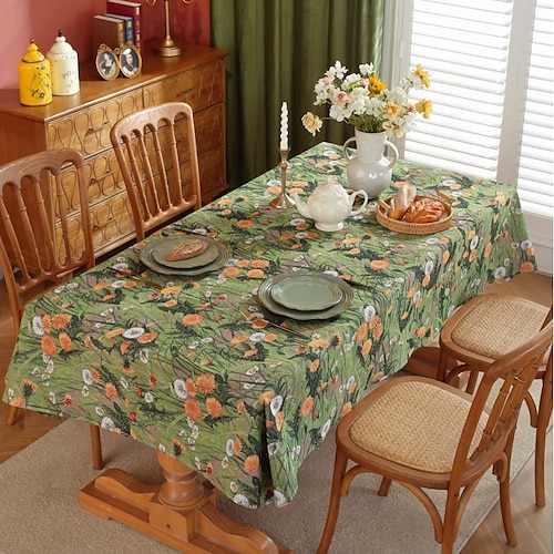 Rechteckige Tischdecke, Vintage-Blumen-Jacquard-Tischdecken mit Quasten, Baumwoll-Leinen-Tischdecken für Dinnerpartys, Dekoration im Freien Image