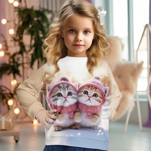 Mädchen 3D Katze Pullover Langarm 3D-Druck Herbst Winter Modisch Strassenmode bezaubernd Polyester kinderkleidung 3-12 Jahre Rundhalsausschnitt Outdoor Casual Täglich Regular Fit Image