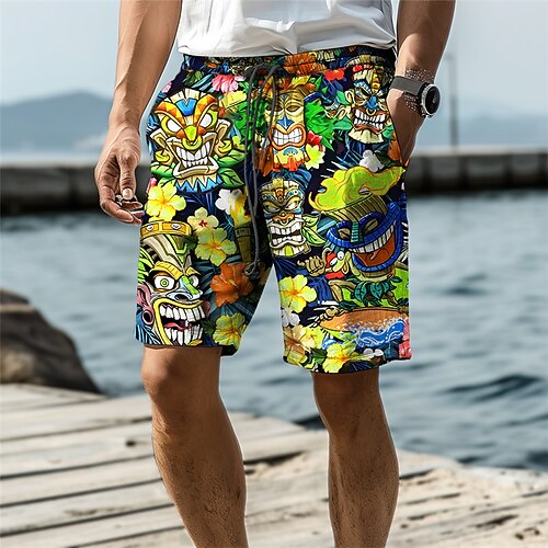 Herren Maske Indische Kultur Blumen / Pflanzen Badehosen Badeshorts Boardshorts Mittlere Taille Urlaub Hawaiianisch Ethnisch Urlaub Ferien Strand Kordelzug mit Mesh-Futter Elastischer Bund Designer Image