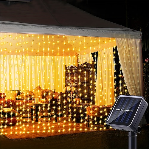 1 Packung 300/200/100 LED-Solar-Vorhangleuchte für den Außenbereich, Fernbedienung, 8 Beleuchtungsmodi, Lichterkette, IP65 wasserdicht, Kupferdraht-Lichter, Weihnachtsfeier, Hochzeit, Zuhause, Image
