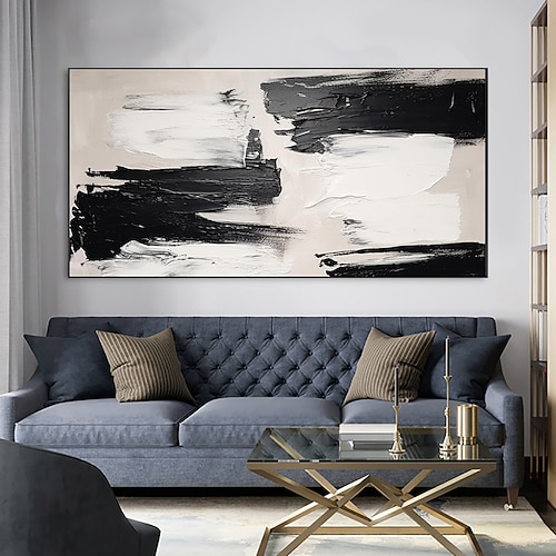 Handgefertigte Ölgemälde auf Leinwand, Wandkunst, Dekoration, Schwarz-Weiß-Minimalismus, abstrakte, dicke Ölmesserzeichnung für Heimdekoration, gerolltes, rahmenloses, ungedehntes Gemälde Image