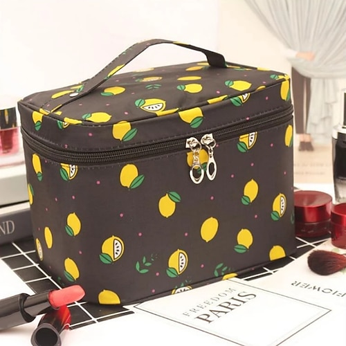 Herren-Damen-Handtasche, Make-up-Tasche, Kosmetiktasche, Kulturbeutel, Polyester, Party, Reisen, großes Fassungsvermögen, atmungsaktiv, langlebig, Cartoon-Rosa-Schwarz, rosa Kirsche, blauer Stern