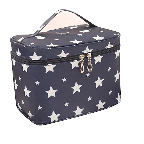 Herren-Damen-Handtasche, Make-up-Tasche, Kosmetiktasche, Kulturbeutel, Polyester, Party, Reisen, großes Fassungsvermögen, atmungsaktiv, langlebig, Cartoon-Rosa-Schwarz, rosa Kirsche, blauer Stern