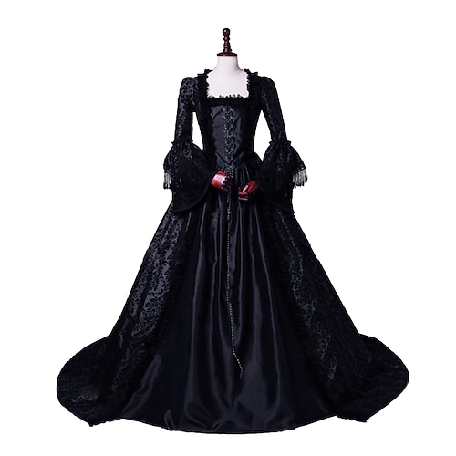 Kleid Blumenstil Rokoko Viktorianisch Bodenlang Kleid Partykostüm Maskerade Trompetenärmel Prinzessin Tüll Ballkleid Quadrathals Kostüm Damen Weihnachten Halloween Party / Abend Erwachsene Image