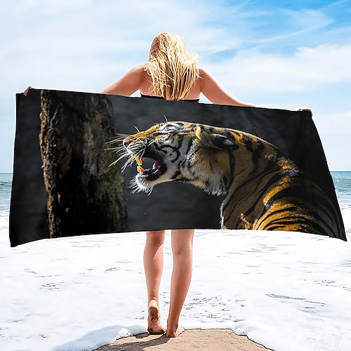 1 Stück große, dicke Bade- und Duschtücher, 3D-weißes Tiger-Design, Baumwoll-Strandtuch für Damen und Herren, Reisen, Schwimmen, Yoga, Decke Image