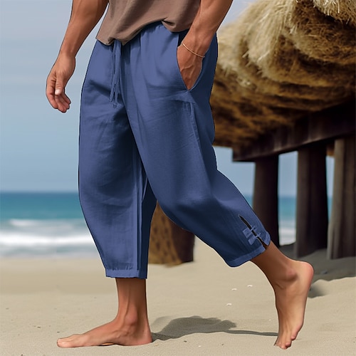 Herren Leinenhosen Sommerhose Abgeschnittene Hose Strandhose Kordelzug Elastischer Bund Einfach Komfort Atmungsaktiv Wadenlang Lässig Täglich Ferien Mode Klassicher Stil Schwarz Weiß Image