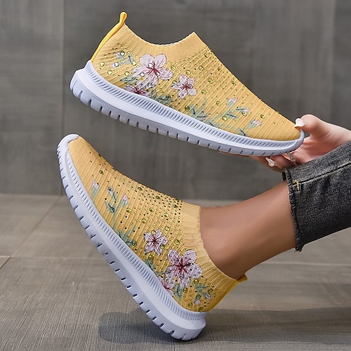 weiße Slip-On-Sneaker für Damen mit Blumenprint und Strasssteinen für die Freizeit Image