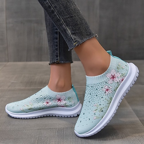 weiße Slip-On-Sneaker für Damen mit Blumenprint und Strasssteinen für die Freizeit Image