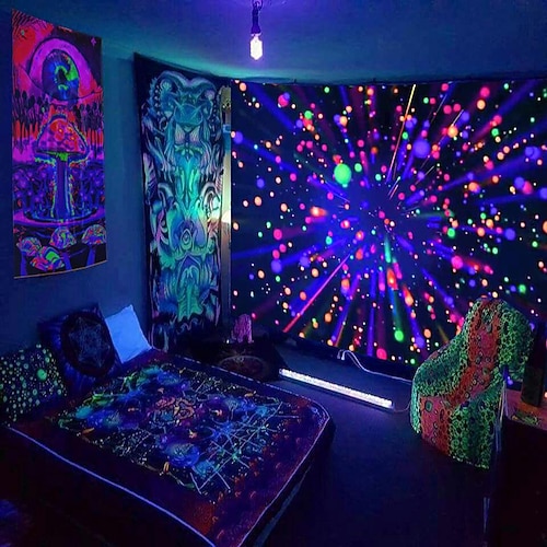 Schwarzlicht Wandteppich UV reaktiv im Dunkeln leuchtend Party Neon psychedelisch trippig neblig hängender Wandteppich Wandbild für Wohnzimmer Schlafzimmer Stern Löwe Image