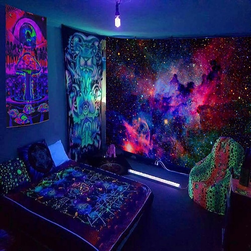 Schwarzlicht Wandteppich UV reaktiv im Dunkeln leuchtend Party Neon psychedelisch trippig neblig hängender Wandteppich Wandbild für Wohnzimmer Schlafzimmer Stern Löwe Image