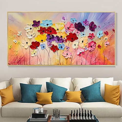 Handgefertigtes Ölgemälde, Acryl-Leinwand, Wandkunst, Dekoration, 3D-Palettenmesser, bunte Blumen für Heimdekoration, gerollt, rahmenlos, ungedehntes Gemälde Image