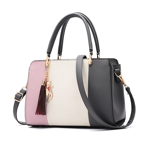 Modische Damenhandtasche im Colorblock-Design mit Katzenanhänger – perfekt für den täglichen Gebrauch und Freizeitausflüge