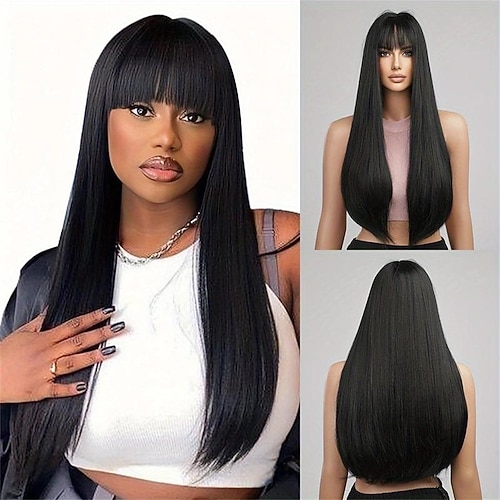 Lange, seidige, gerade Perücken mit Pony, synthetische Perücke ohne Spitze für Frauen, hitzebeständige, natürlich aussehende Haarperücke für Party, Cosplay, schwarze Burgunderfarbe Image