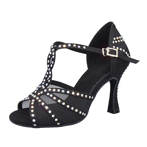 Damen-Latein-Tanzschuhe mit Strasssteinen und weicher Wildledersohle – elegante Satin-T-Riemen-Ballsaal-Absätze für Salsa, Tango, Bachata und Performance-Events Image