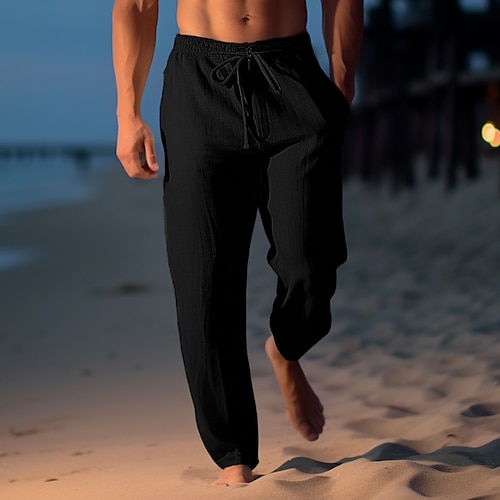 Herren Leinenhose Hose Hosen Sommerhosen Strandhose Kordelzug Elastische Taille Gerade geschnitten Glatt Komfort Atmungsaktiv Casual Täglich Festtage Modisch Klassicher Stil Hellkaki Schwarz Image