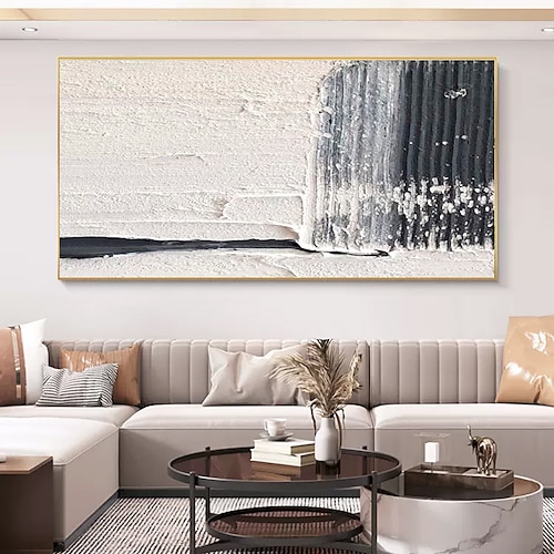 Ölgemälde handgefertigt handgemalte Wandkunst schwarz-weiß abstrakte Leinwandmalerei Heimdekoration Dekor aufgespannter Rahmen fertig zum Aufhängen Image
