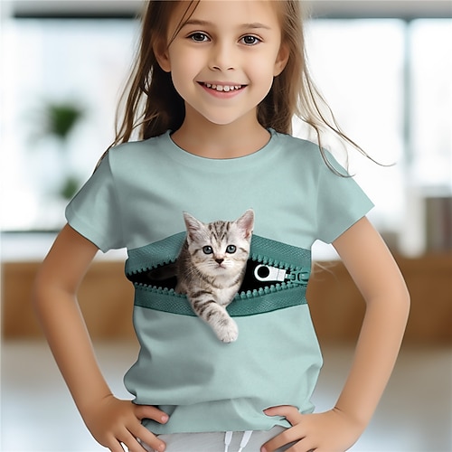 Mädchen 3D Katze T-Shirt Hemden Rosa Kurzarm 3D-Druck Sommer Aktiv Modisch Kuschelig kinderkleidung 3-12 Jahre Rundhalsausschnitt Outdoor Casual Täglich Regular Fit Image