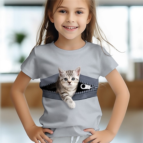 Mädchen 3D Katze T-Shirt Hemden Rosa Kurzarm 3D-Druck Sommer Aktiv Modisch Kuschelig kinderkleidung 3-12 Jahre Rundhalsausschnitt Outdoor Casual Täglich Regular Fit Image