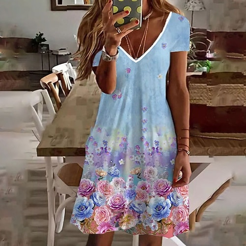 Damen Knielanges Kleid A Linie Kleid Stilvoll Lässig Täglich Outdoor Urlaub Normale Passform Blumen Tiermotiv Schmetterling Langarm V Ausschnitt Schwarz Weiß Rosa Grün Sommer Frühling Image