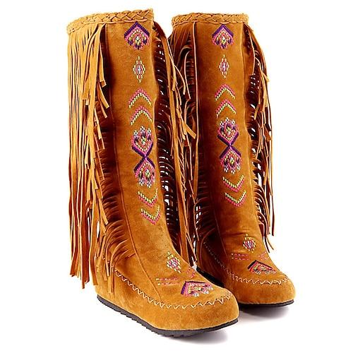 braune kniehohe Stiefel mit Fransen für Damen – mit Stammesstickereien im Bohème-Western-Stil, perfekt für Musikfestivals, Rodeo-Events und als lässige Outdoor-Bekleidung