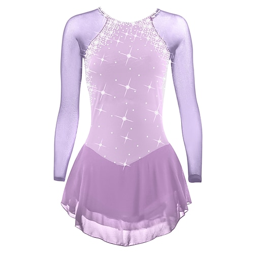 Eiskunstlaufkleid Damen Mädchen Eislaufen Kleider Violett Schwarz Weiß Rückenfrei Gitter Spandex Hochelastisch Ausbildung Wettbewerb Eiskunstlaufkleidung Klassisch Kristalle Langarm Eislaufen Image