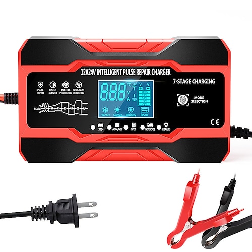 10-Ampere-Autobatterieladegerät, 12 V und 24 V, intelligentes, vollautomatisches Batterieladegerät, Erhaltungsladegerät, Erhaltungsladegerät für Rasenmäher, Boot, Marine-Blei-Säure-Batterien Image