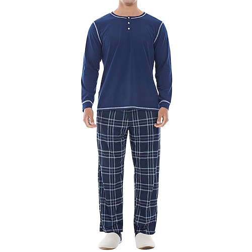 Herren Hausanzug Schlafanzüge Schlafanzug Set Pyjama-Oberteil und Hose 2 Stück Plaid Stilvoll Brautkleider schlicht Komfort Heim Täglich Baumwollmischung Komfort Henley Langarm T Shirt Hose Kordelzug Image
