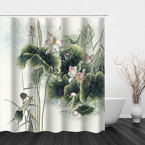 Duschvorhang mit Haken 200 cm hoch duschvorhang waschbar Polyester Waschbar Wasserfest Moderner Badezimmer Landschaft Lotus Druck Image