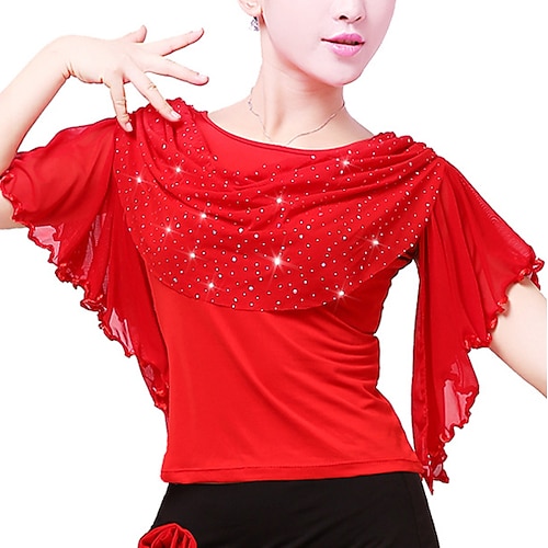 Lateinischer Tanz Ballroom Dance Sparkle Top Rüschen Reine Farbe Damen Performance Training Kurzarm Polyester Image