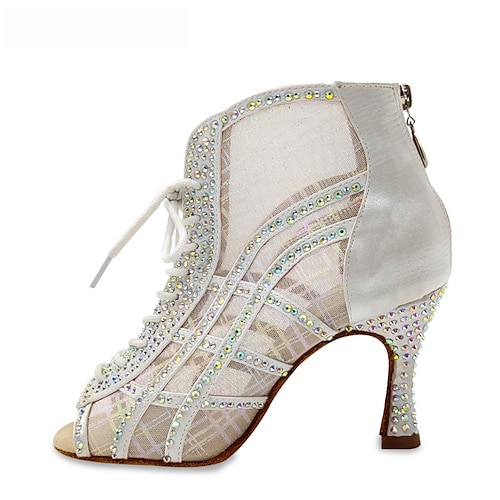 Damen-Latein-Tanzschuhe aus Netzstoff mit Strass-Schnürung – Glitzernde High Heels für Ballsaal-Sandalen für Salsa, Partys und Wettkämpfe Image