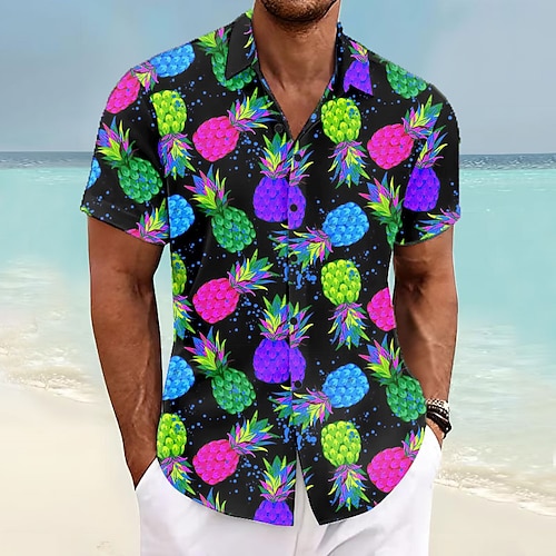 Herren Ananas Hemd Hawaiihemd Sommerhemd Aloha-Shirt Kurzarm Hemd Umlegekragen Urlaub Hawaiianisch Outdoor Urlaub Hawaiianisch Blau Purpur Fuchsie S M L Image