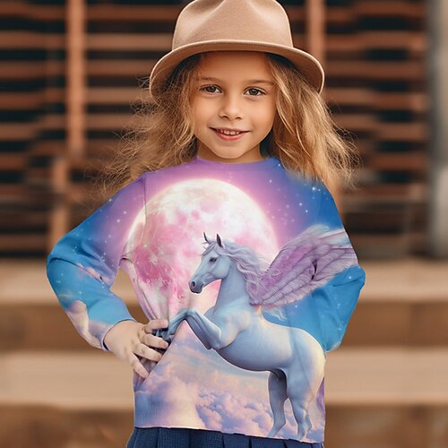 Mädchen 3D Graphic Karikatur Einhorn T-Shirt Langarm 3D-Druck Sommer Herbst Aktiv Modisch Kuschelig kinderkleidung 3-12 Jahre Outdoor Casual Täglich Regular Fit Image