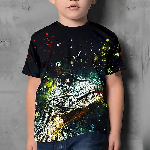 Kinder Jungen T-Shirt Kurzarm Dinosaurier 3D-Druck Grafik Tier Schwarz Kinder Oberteile Sommer Aktiv Cool nette Art Schulanfang Freizeitskleidung 3-12 Jahre Image