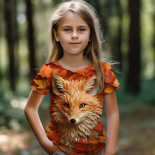 Mädchen 3D Fuchs T-Shirt Hemden Kurzarm 3D-Druck Sommer Aktiv Modisch Kuschelig kinderkleidung 3-12 Jahre Rundhalsausschnitt Outdoor Casual Täglich Regular Fit Image